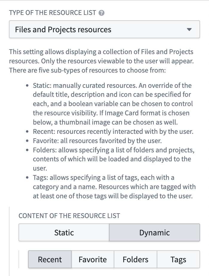 The Files and Projects resources setup menu.