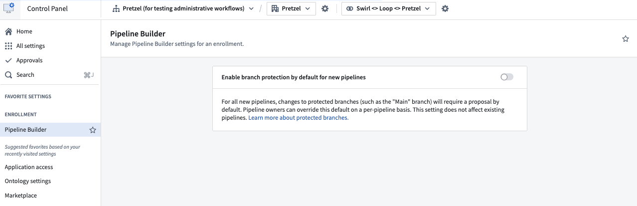 Screenshot of where to configure enrollment-level branch protection.