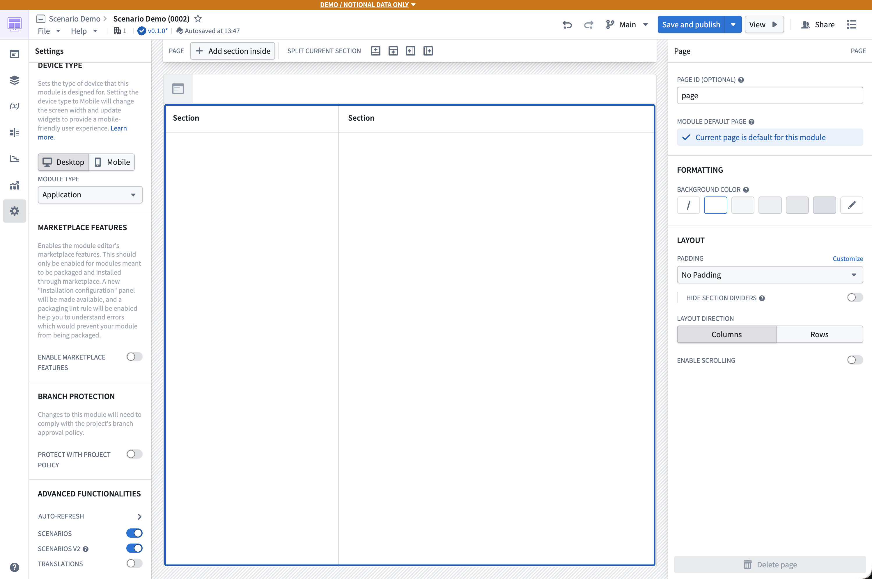 A Workshop Settings panel with the Scenarios toggle enabled in the Advanced Functionalities section.