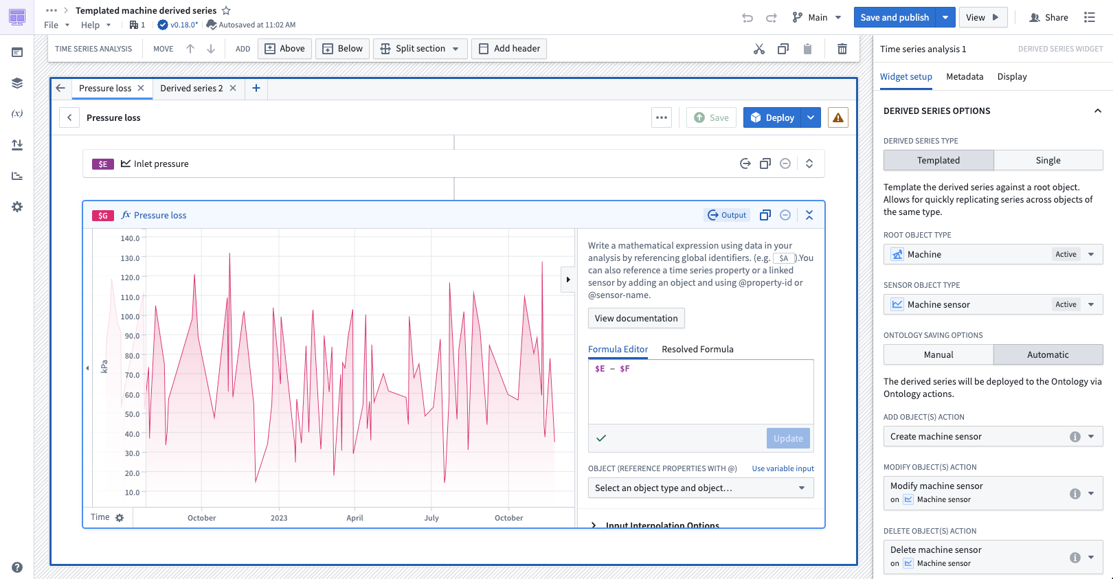 The Derived Series widget in Workshop, displaying templated derived series details for the Machine object type.