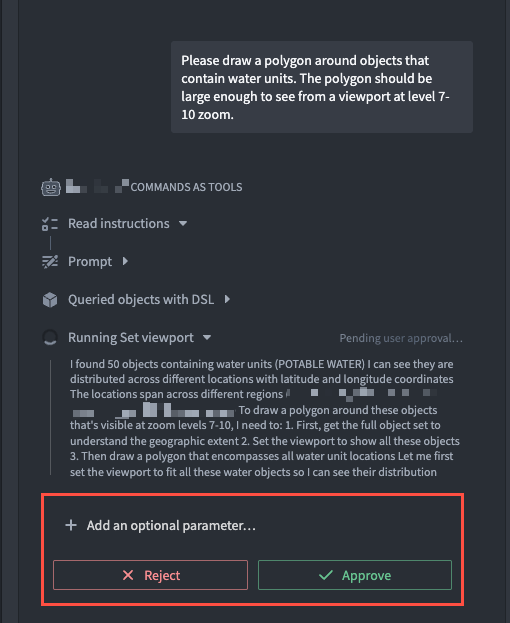 An AIP Chatbot prompts a user to Reject or Accept a command output.