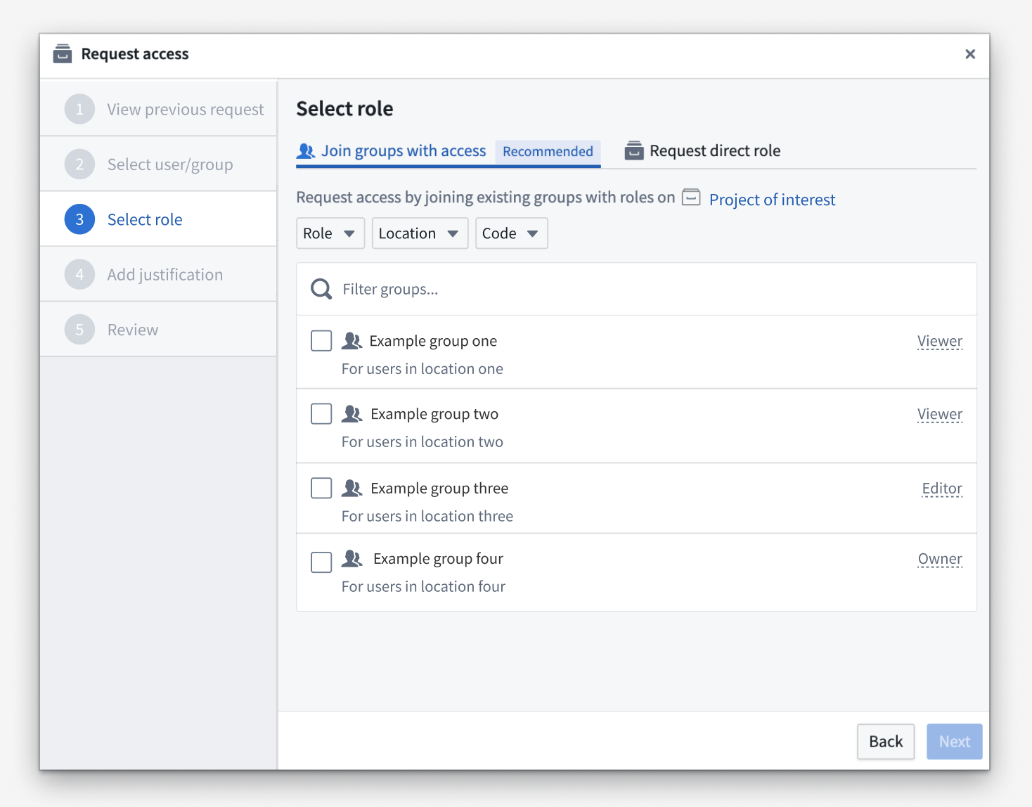 The improved Request access dialog, featuring group descriptions and filtering support.