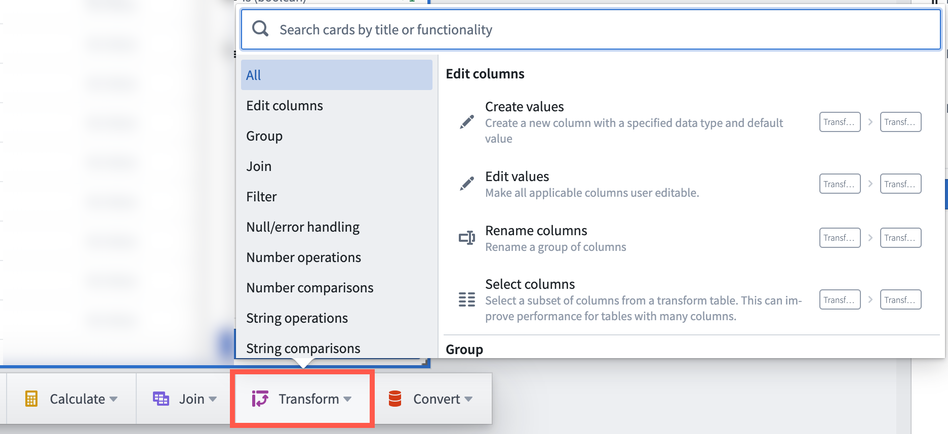 Transform category search window