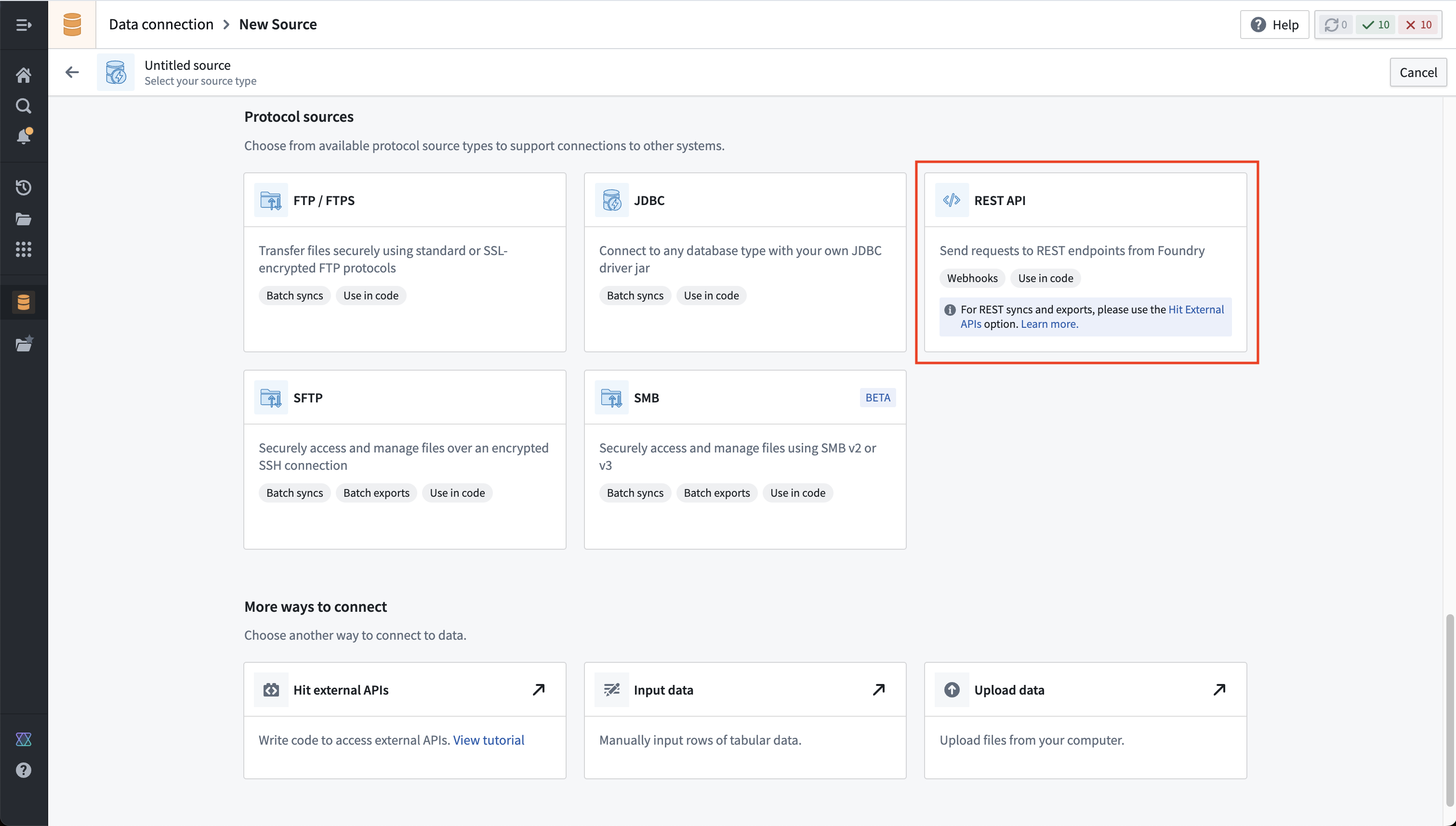 Data connection new source page with a red box around the REST API card