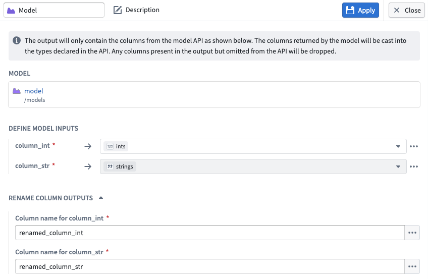 Input and output configuration for a model node in Pipeline Builder.