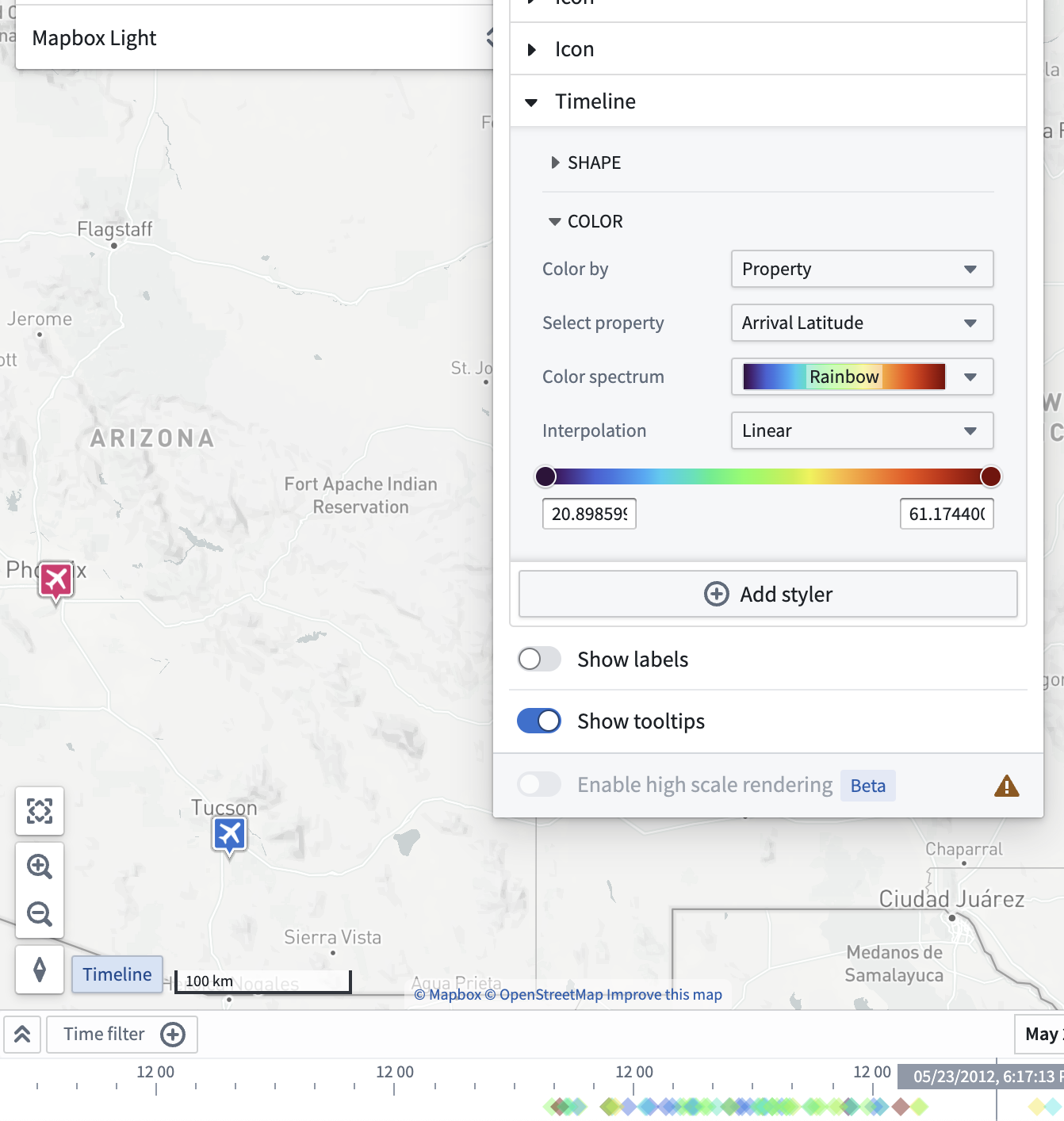 The timeline color configuration window set to color by a property using a rainbow color spectrum. The objects that appear on the map and timeline use a rainbow of colors based on a linear interpolation.