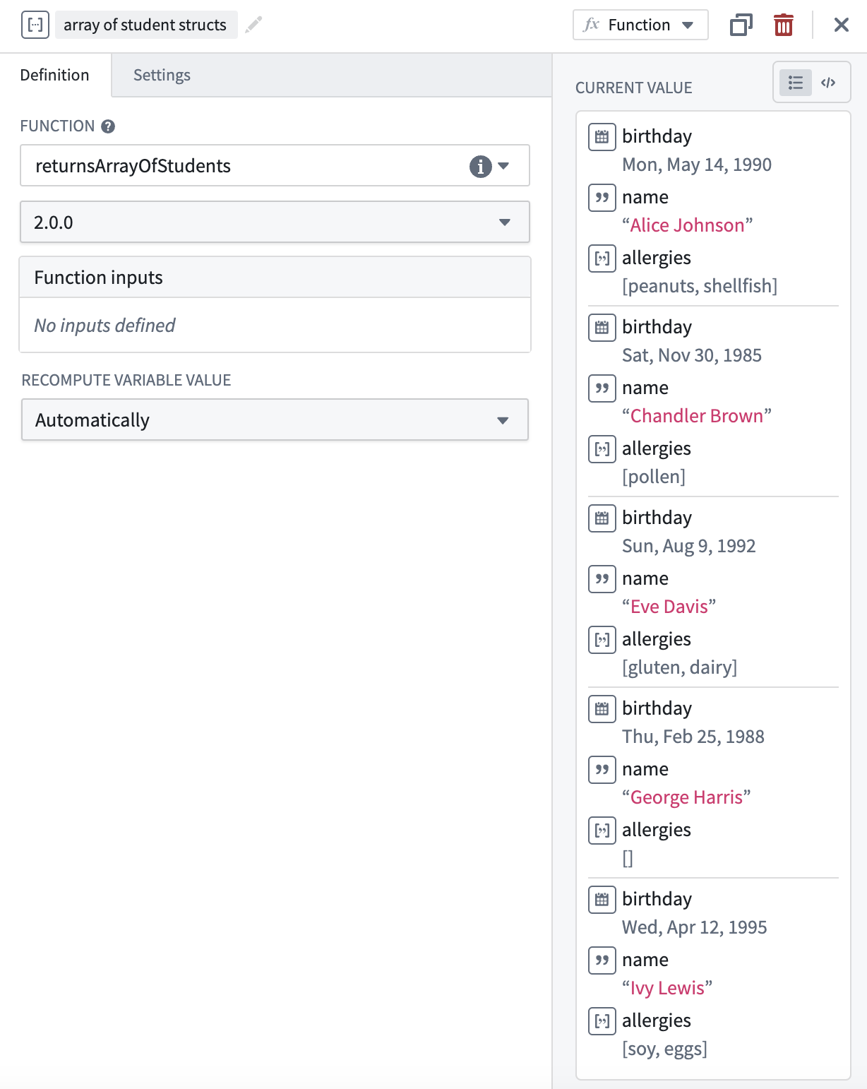 Struct array creation using a function