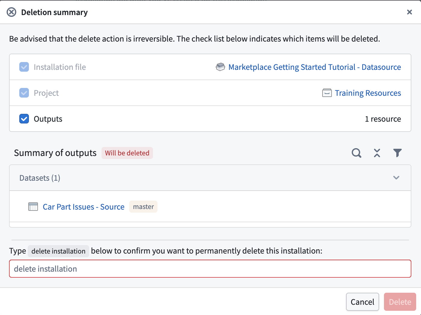 Screenshot showing uninstallation preview