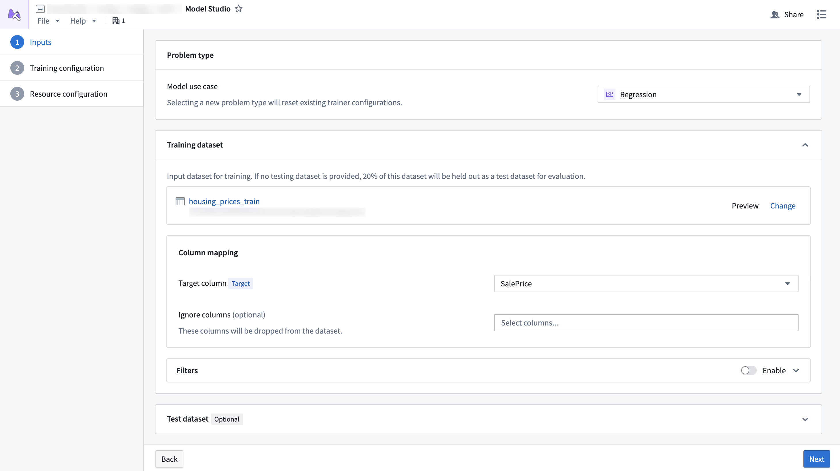 The Model studio dataset configuration page.
