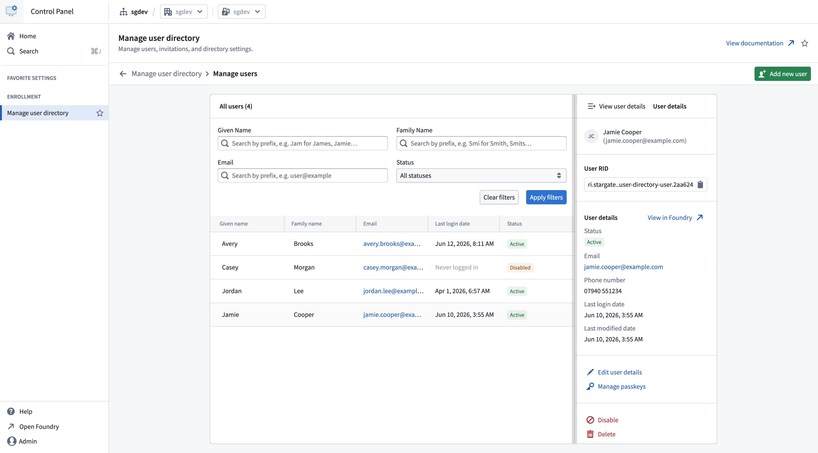 The Manage users page within Control Panel.