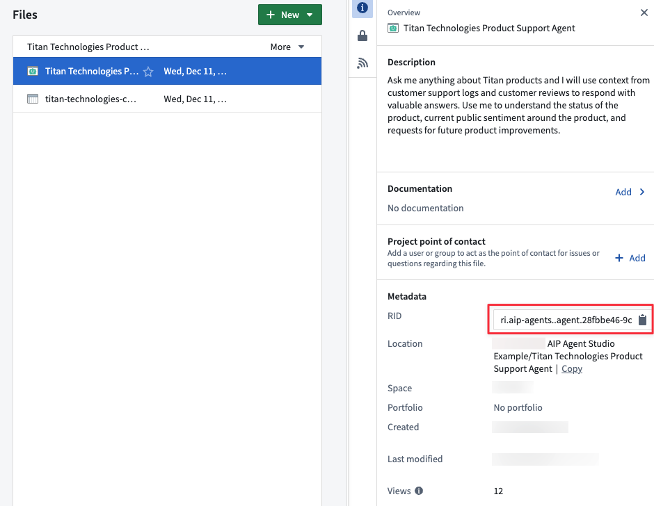 Copy the AIP Chatbot RID from the AIP Chatbot file details to use with the platform APIs.