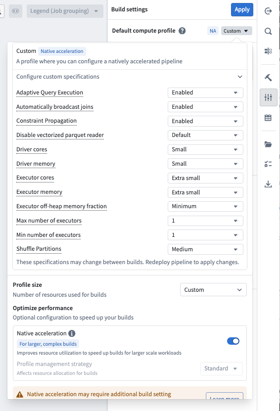 Screenshot of the Build settings dropdown