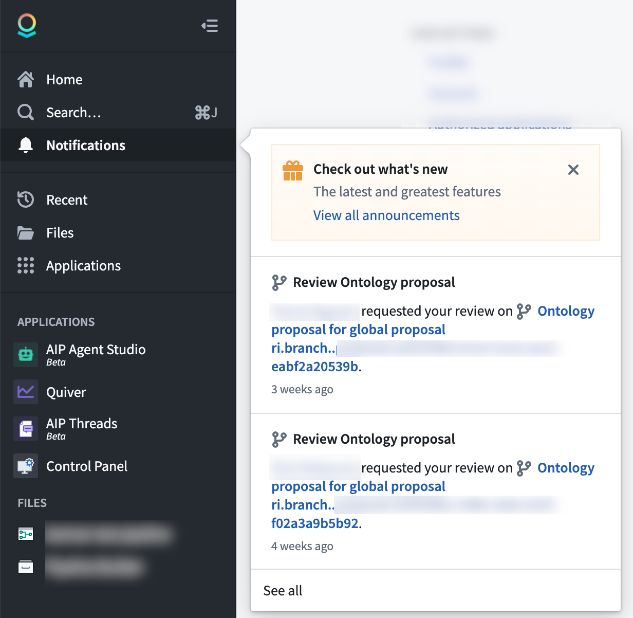 Notifications panel.