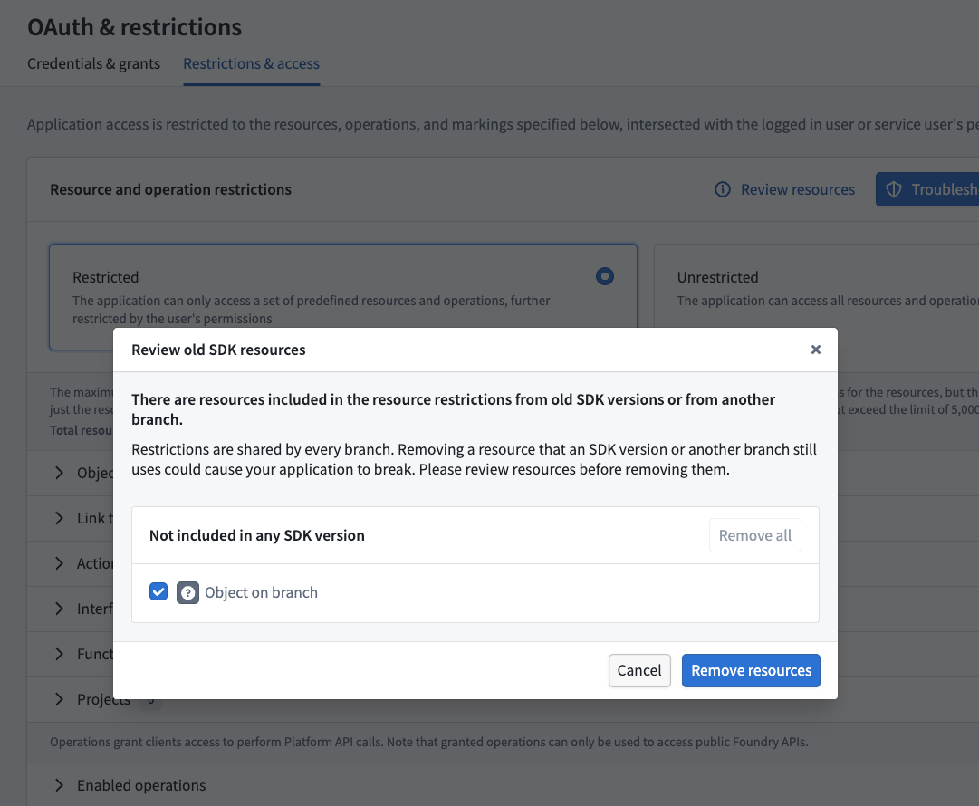 The Review old SDK resources dialog lists resources from old SDK versions or other branches and provides a Remove resources button.