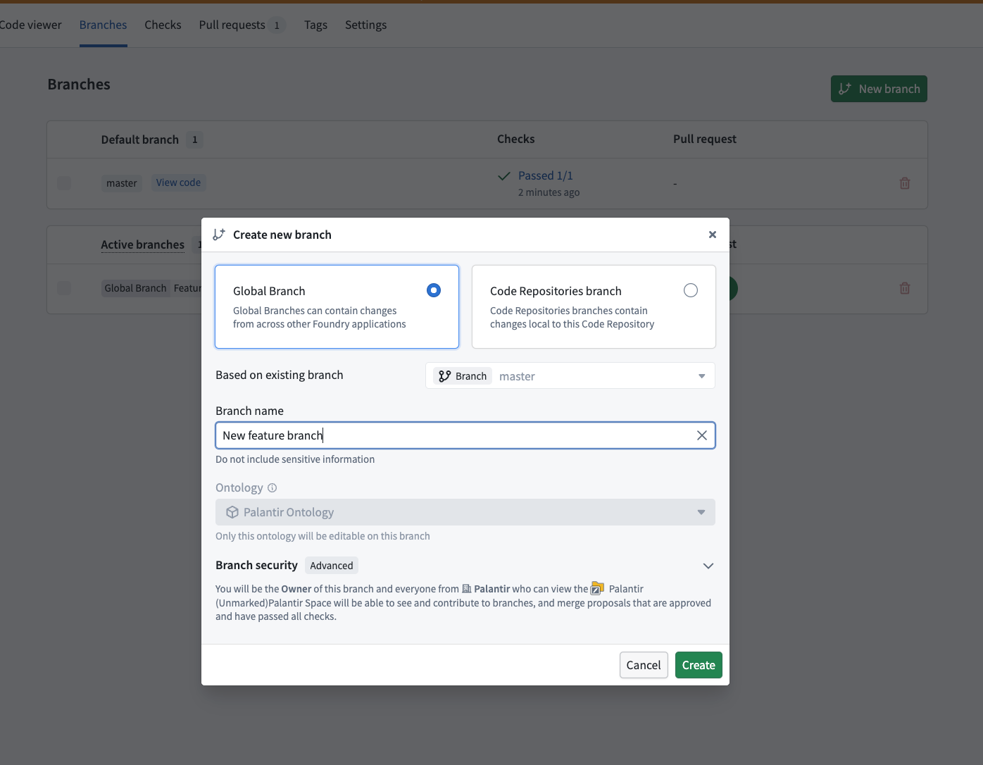 The Create new branch dialog in Code Repositories has the Global branch option selected.