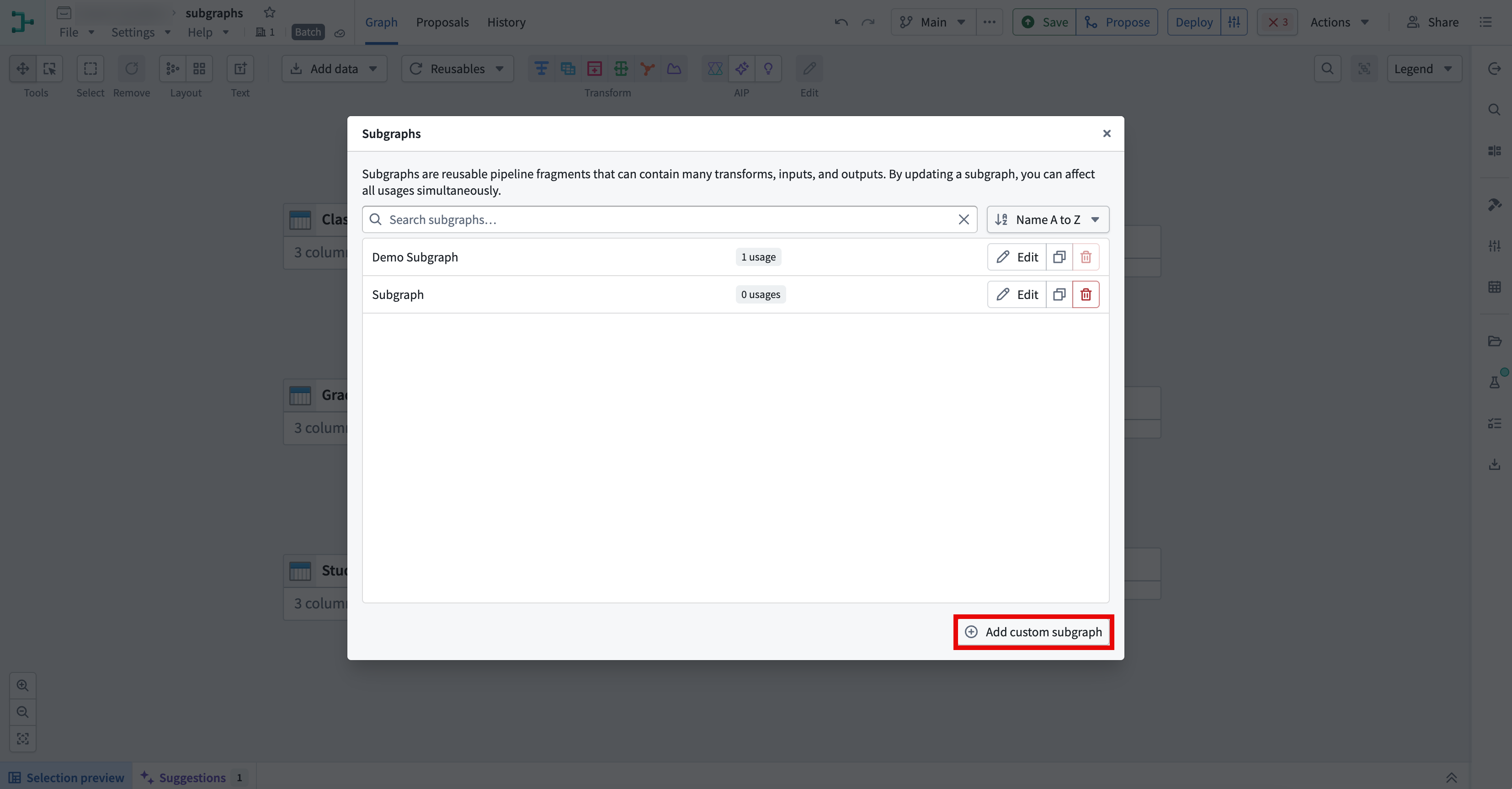 The Subgraphs window lists existing subgraphs with the Add custom subgraph button highlighted.