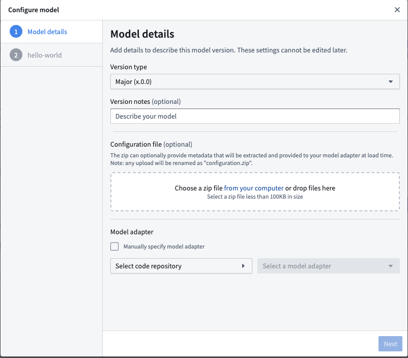 Second page of the model version creation dialog