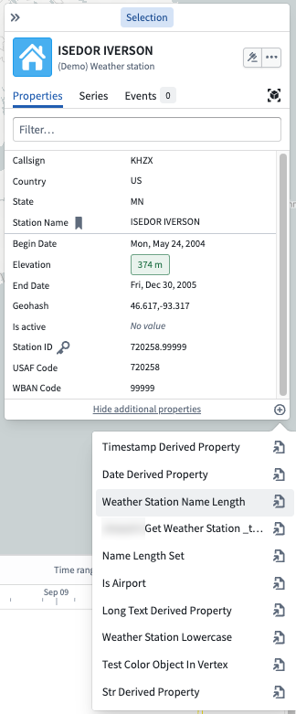 Selection panel with open functions menu
