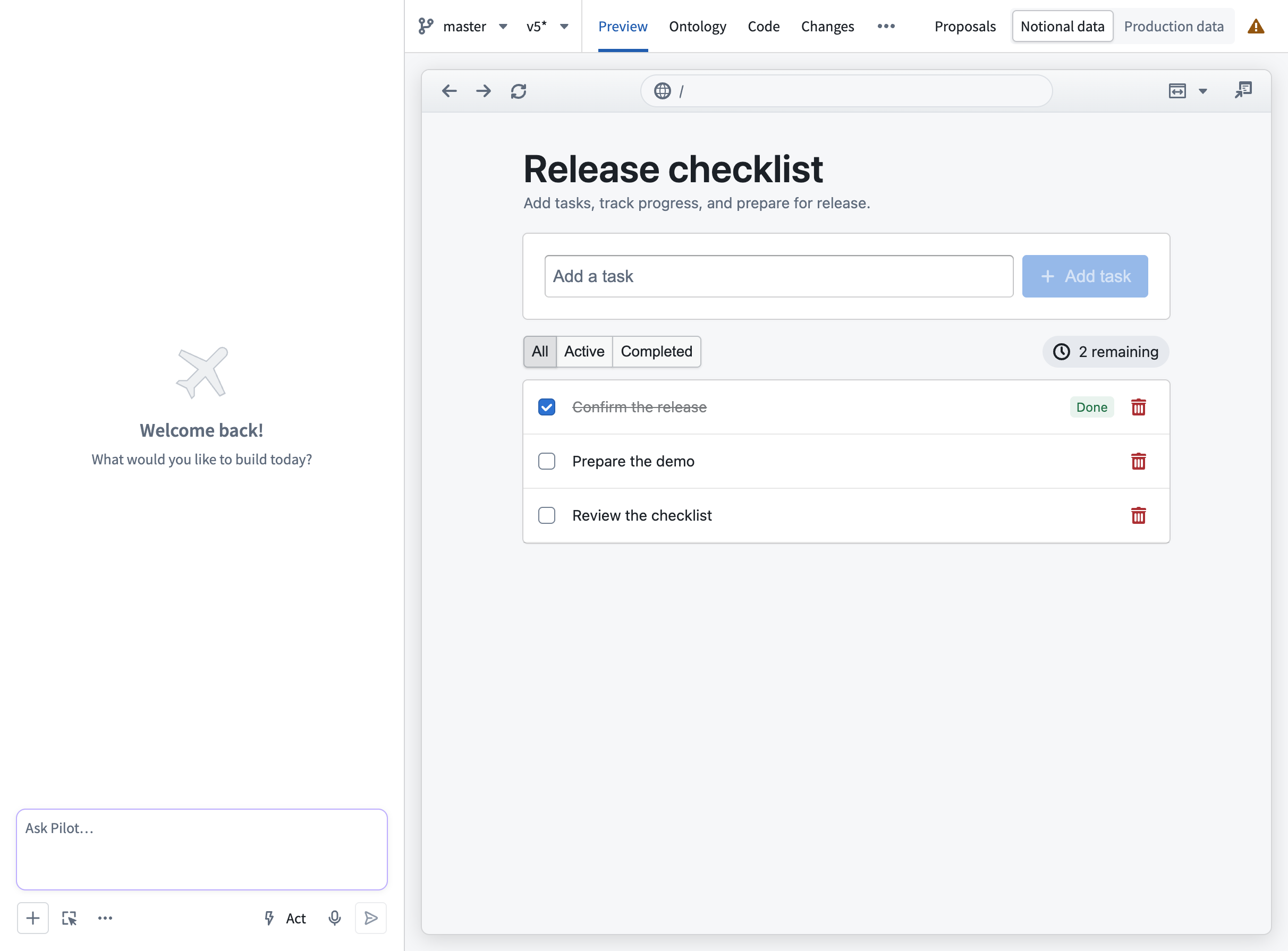 The Pilot workspace layout, with the chat panel on the left and application view tabs on the right.