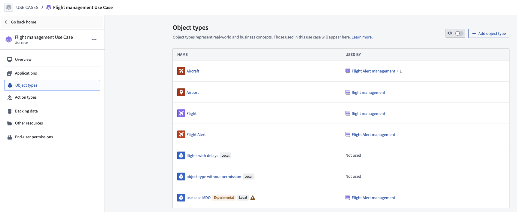Example list of use case object types