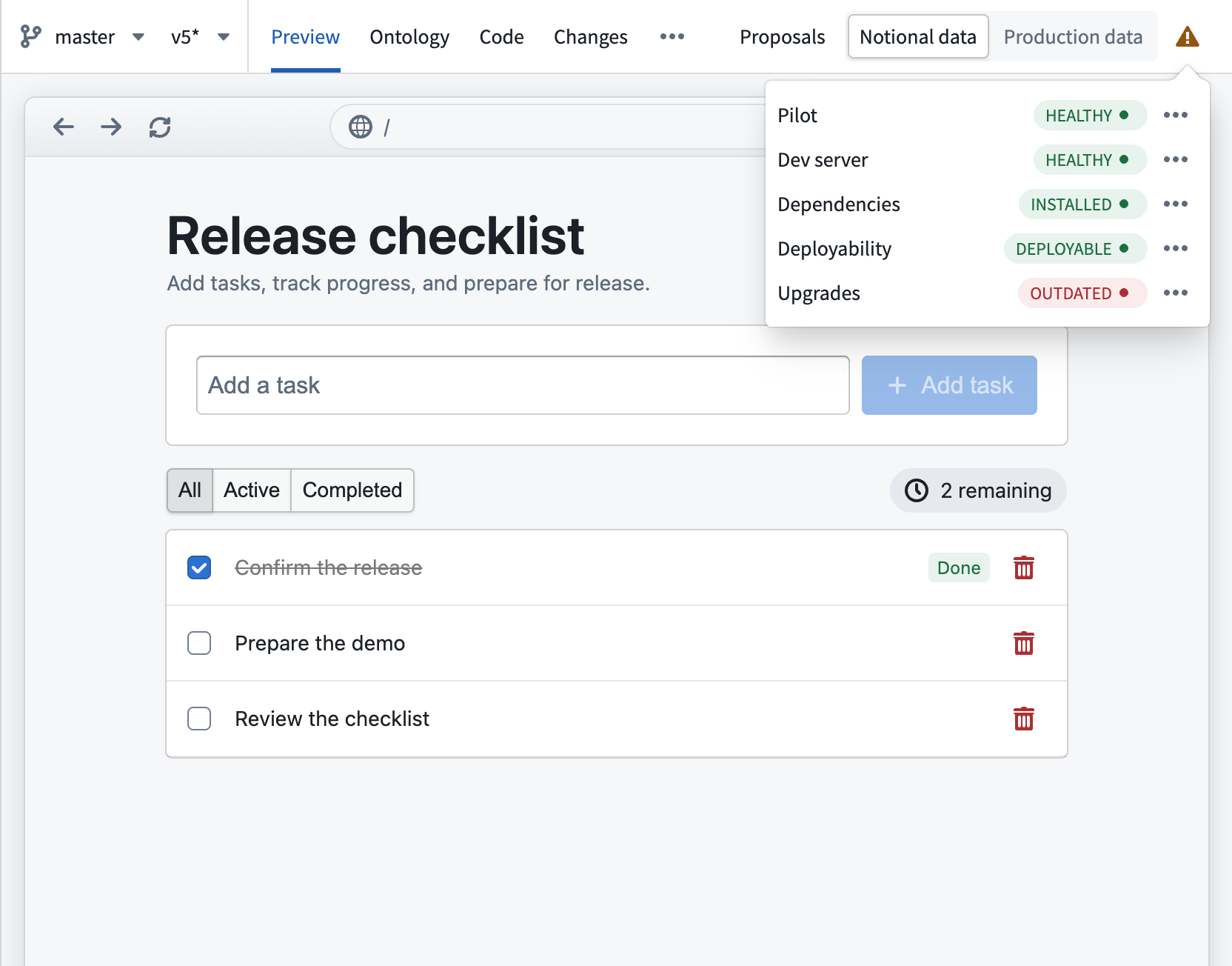 The status monitoring popover showing health indicators for the Pilot session.