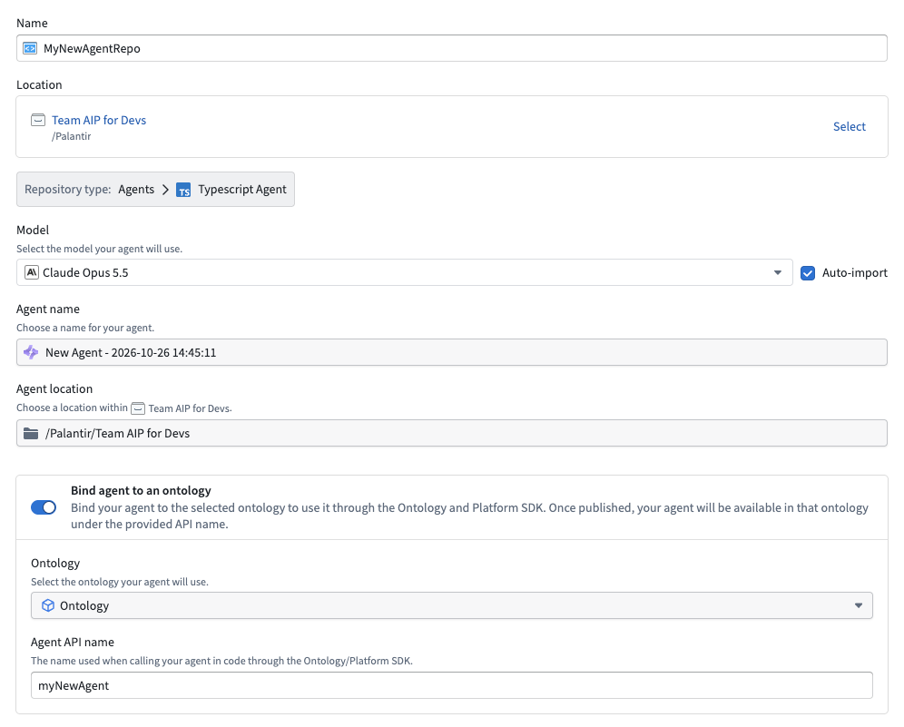 The TypeScript Agent creation form shows repository and agent names, model selection, and optional ontology binding.