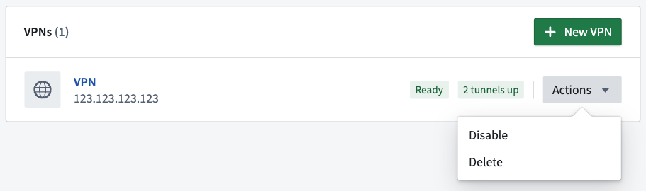 The VPNs tab displays the ability to Disable or Delete a VPN.