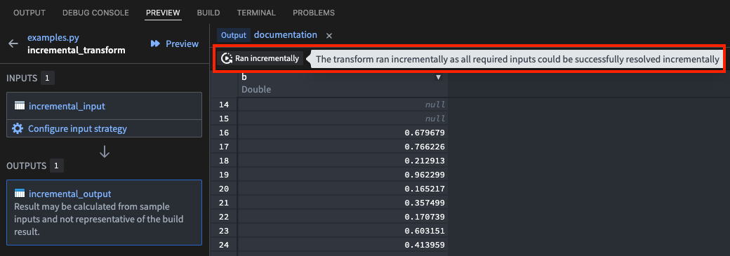 Preview panel after an incremental run.