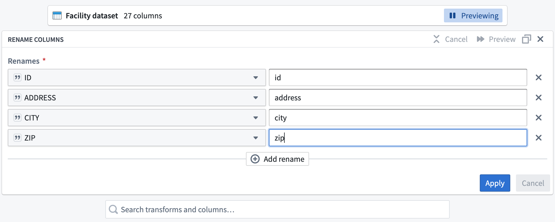 Screenshot of transforms configuration page
