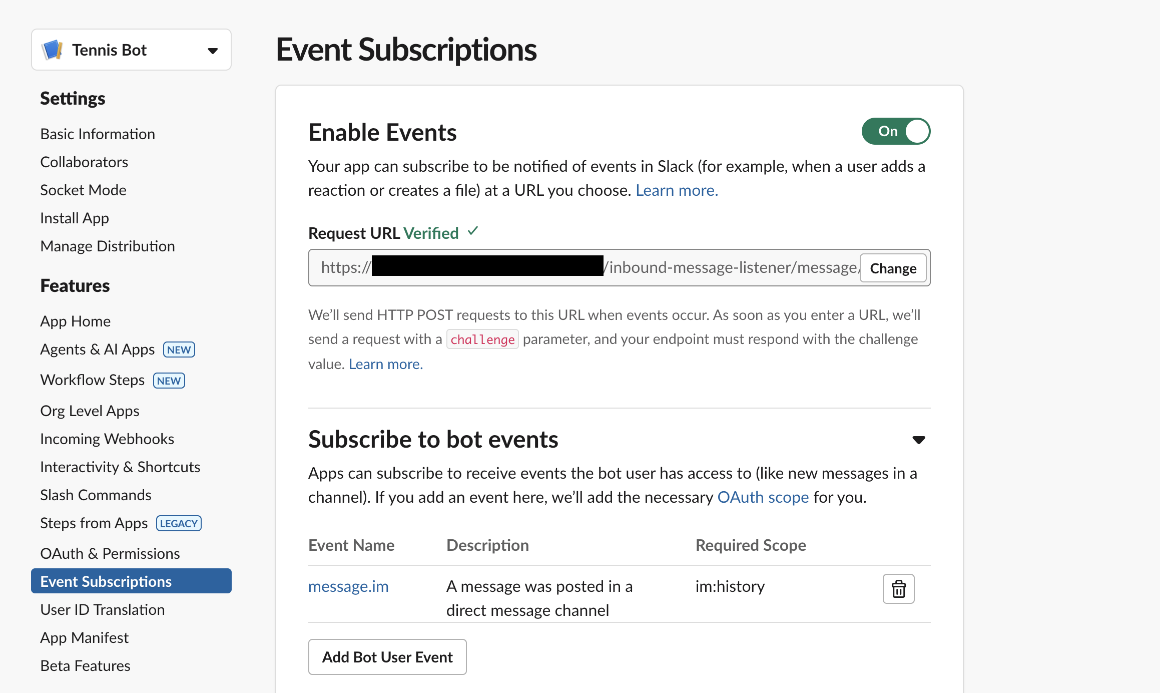Slack Events API configuration shown.