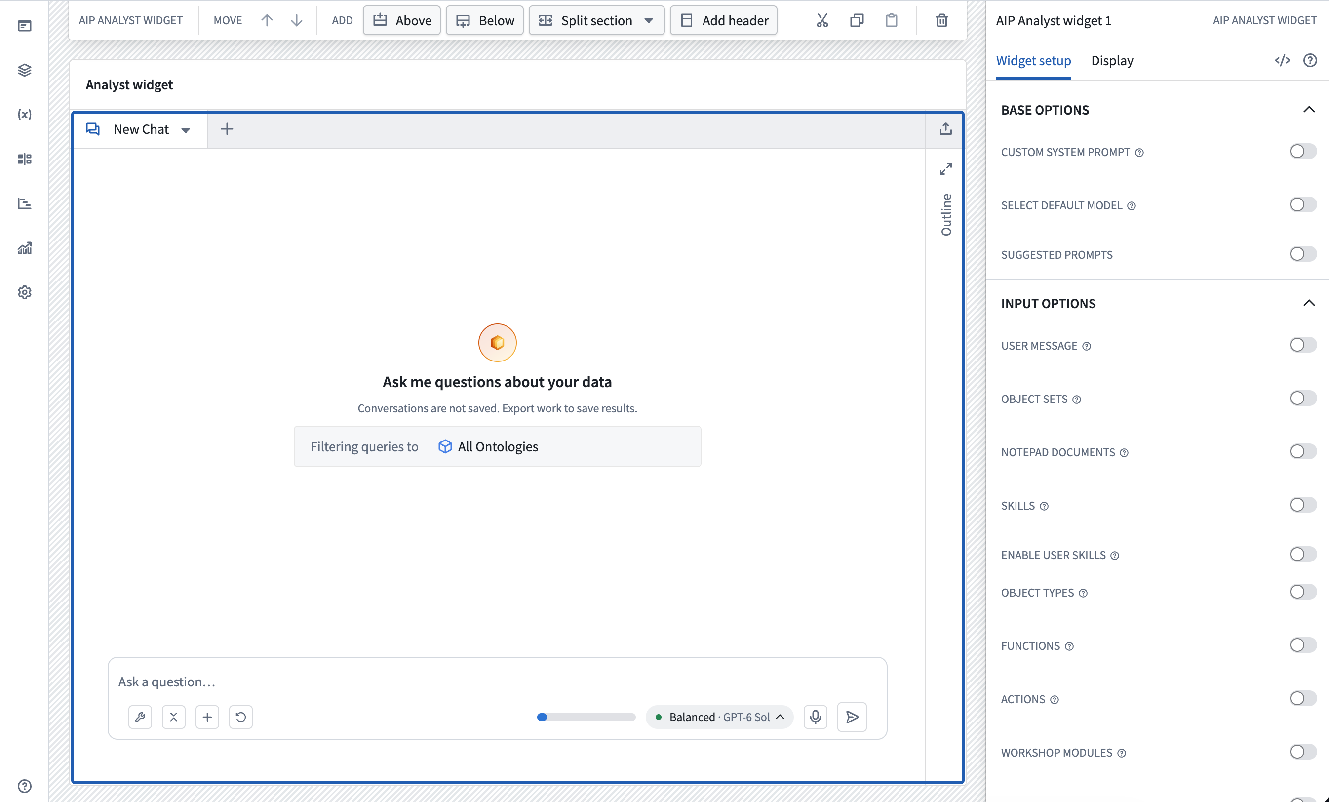 AIP Analyst Workshop widget configuration.
