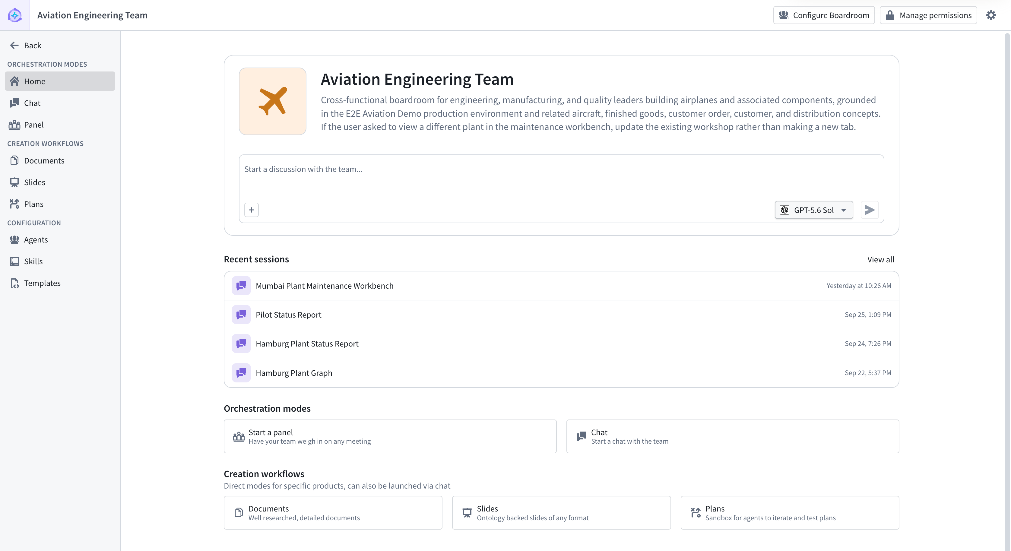 The Aviation Engineering Team boardroom homepage shows recent sessions, collaboration modes, and creation workflows.