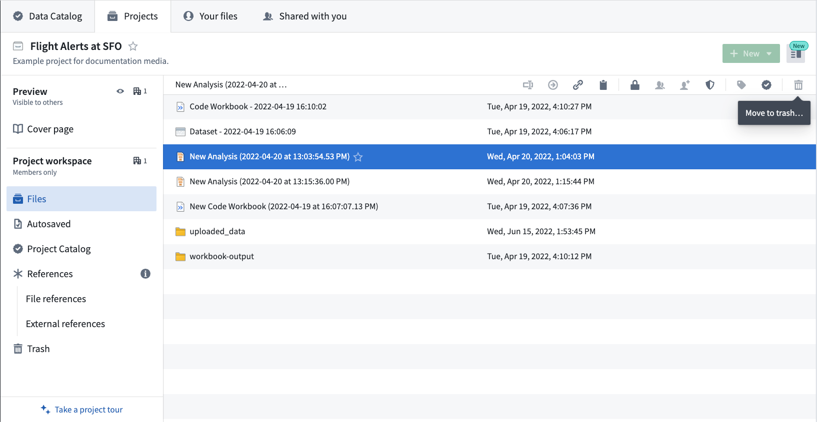 Move to trash icon highlights at the upper right of the window.