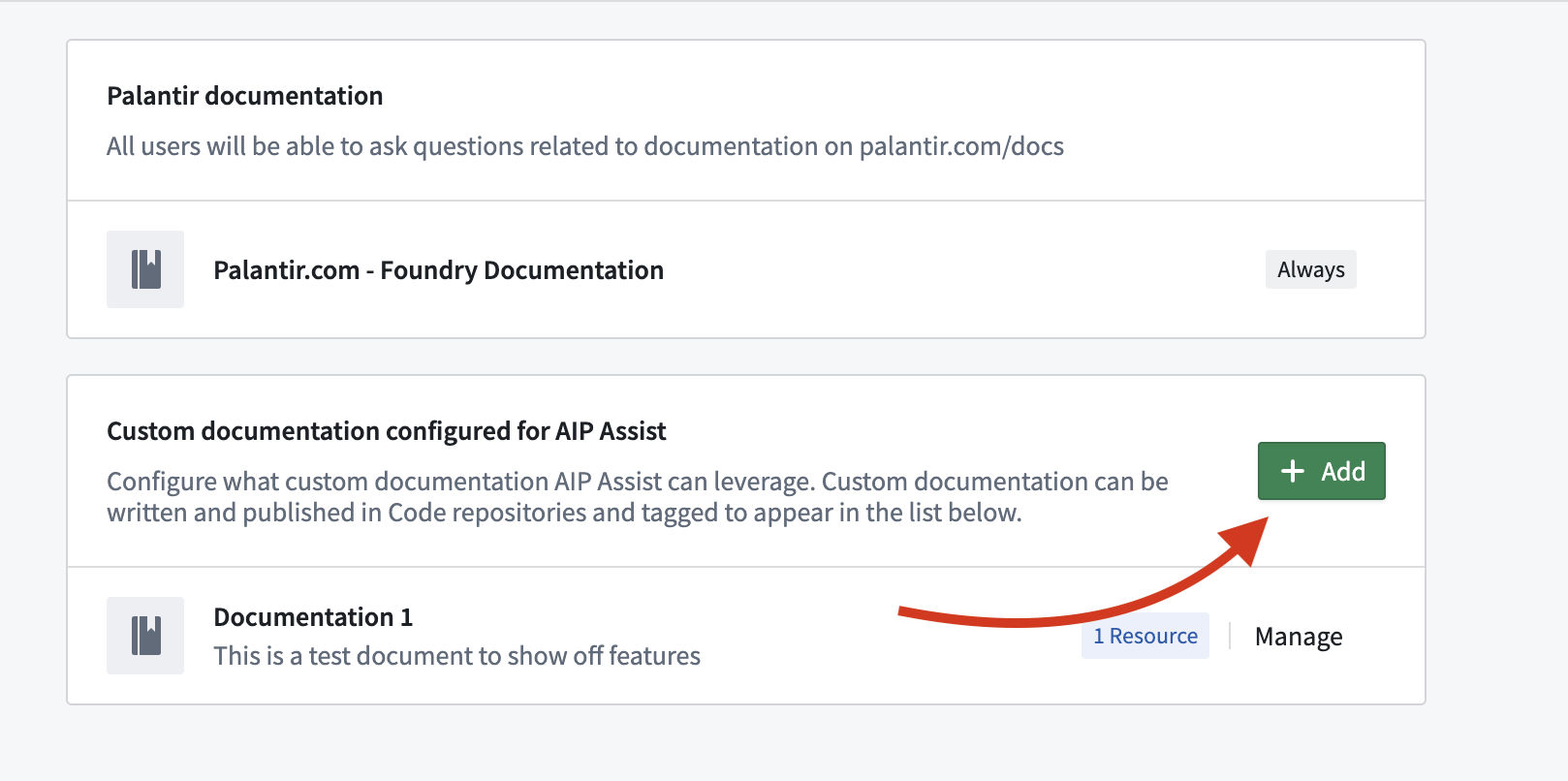 The "Add" button in the custom documentation section of the AIP Assist page in Control Panel.