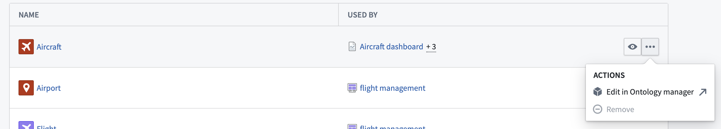 Actions menu for use case object types