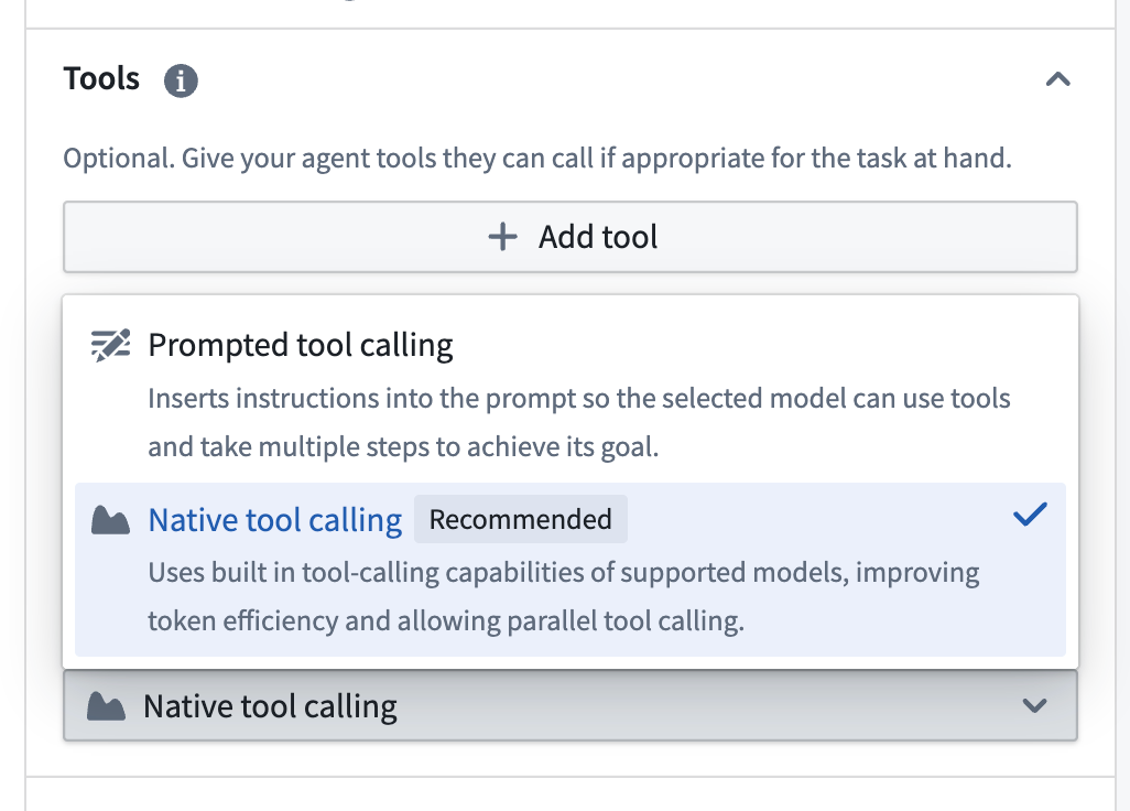 Tool settings in AIP Agent Studio with Prompted tool calling and Native tool calling tool modes available for selection.