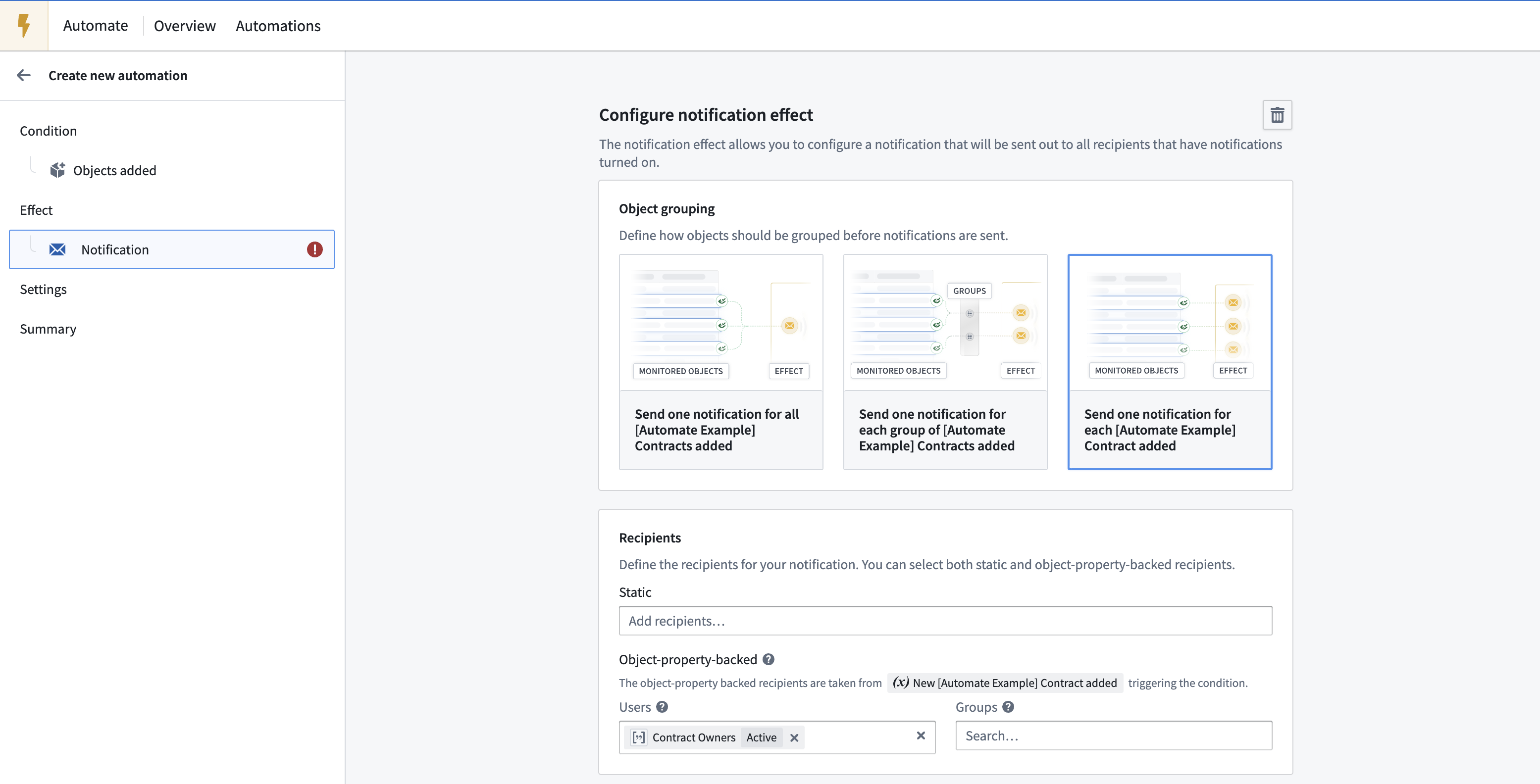 Notify contract owners example - notification recipients.