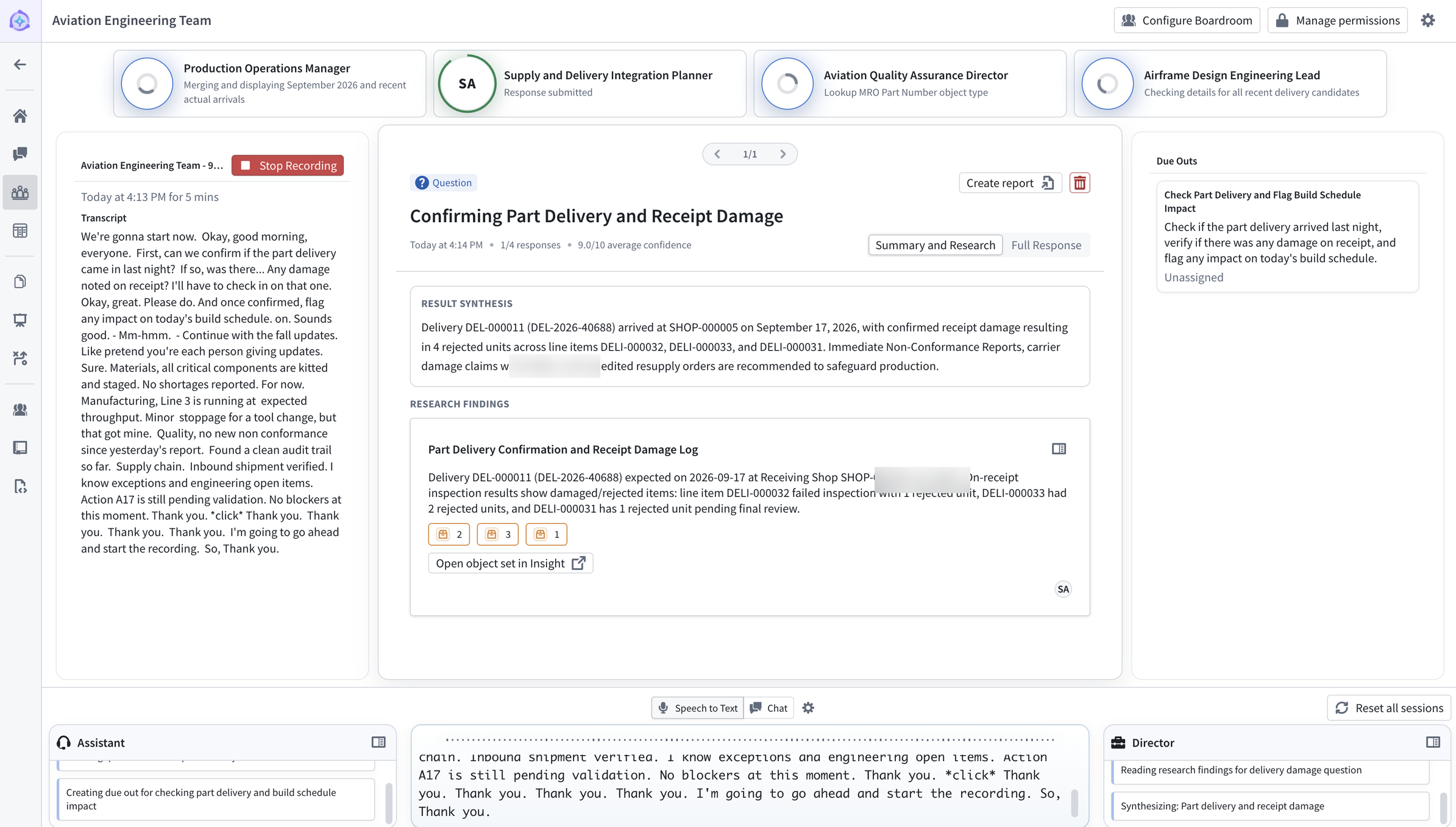 A Panel session in a boardroom displays a live transcript, a synthesized answer with research findings, and a generated action item.