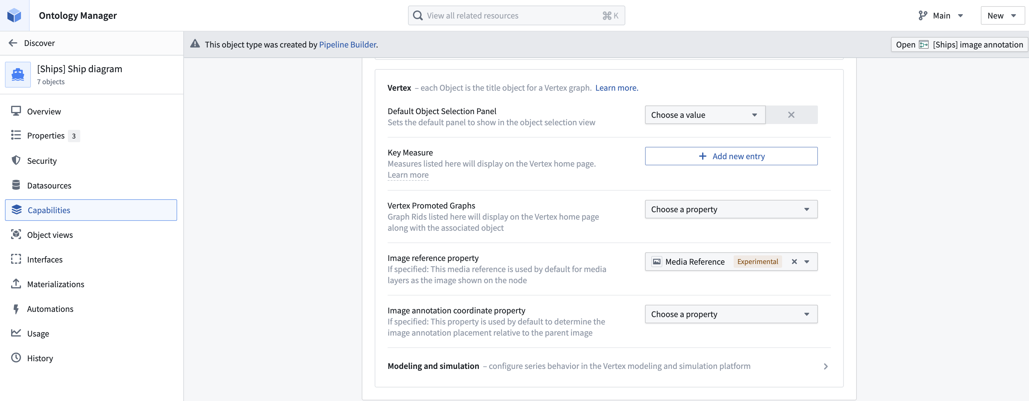 The media reference configuration for the Ship object type in Ontology Manager.