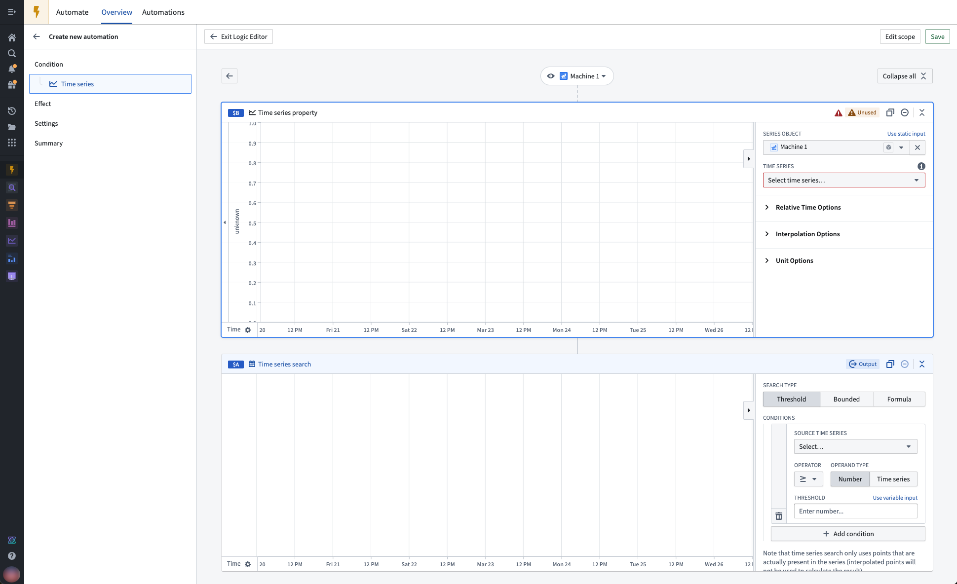 The logic editor displays a skeleton time series logic path.