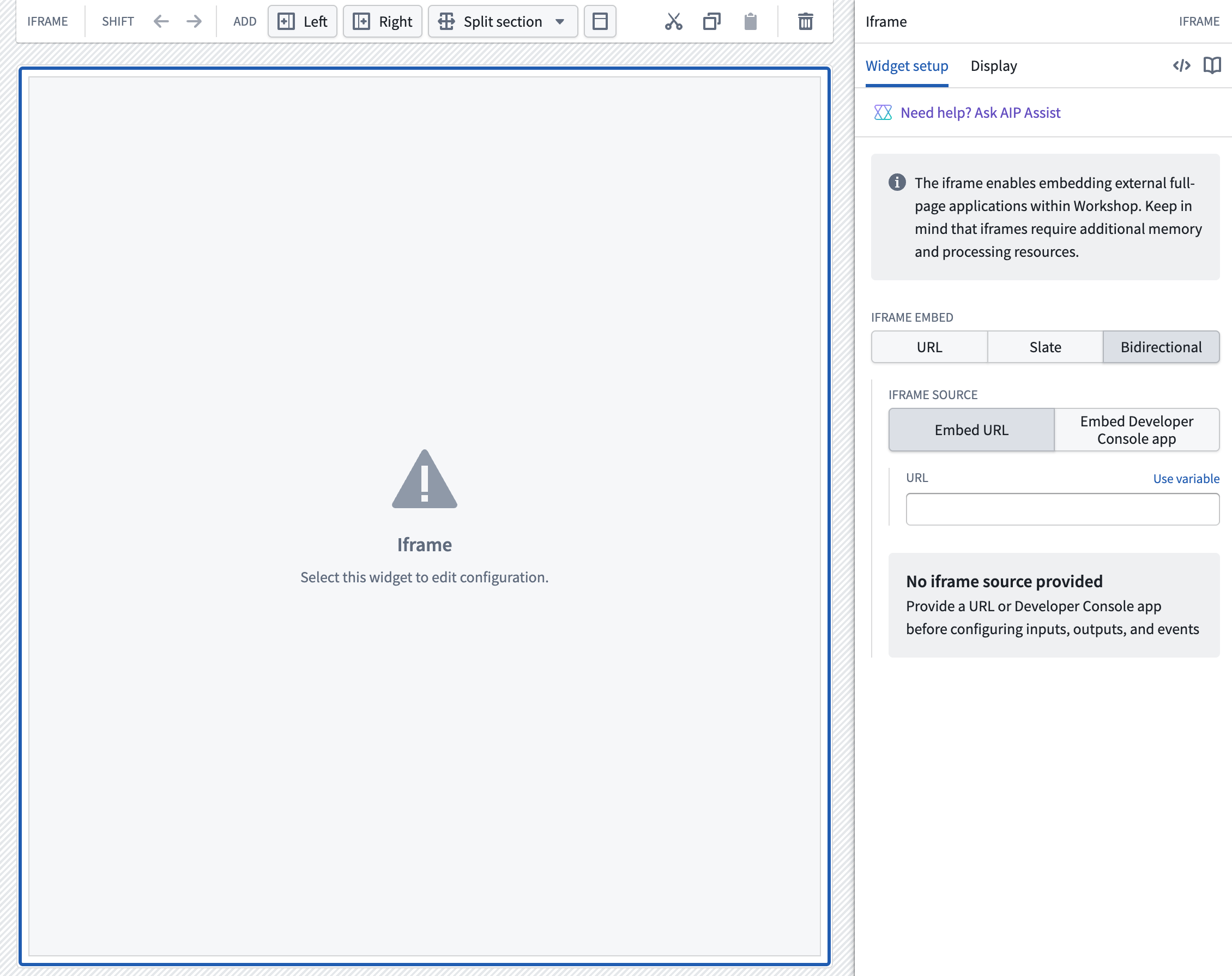 The unconfigured empty state for the bidirectional widget's config panel.