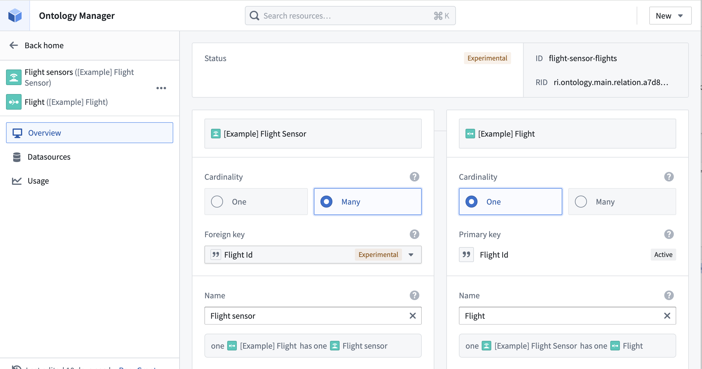 Create a link type between the Flight Sensor and Flight object types