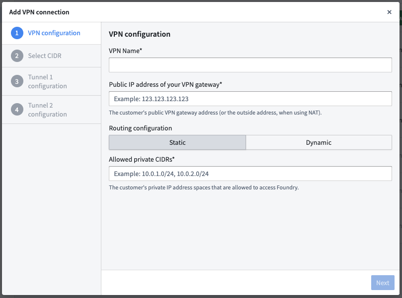 The Add VPN connection popup window displays the steps necessary to configure an ingress VPN configuration.