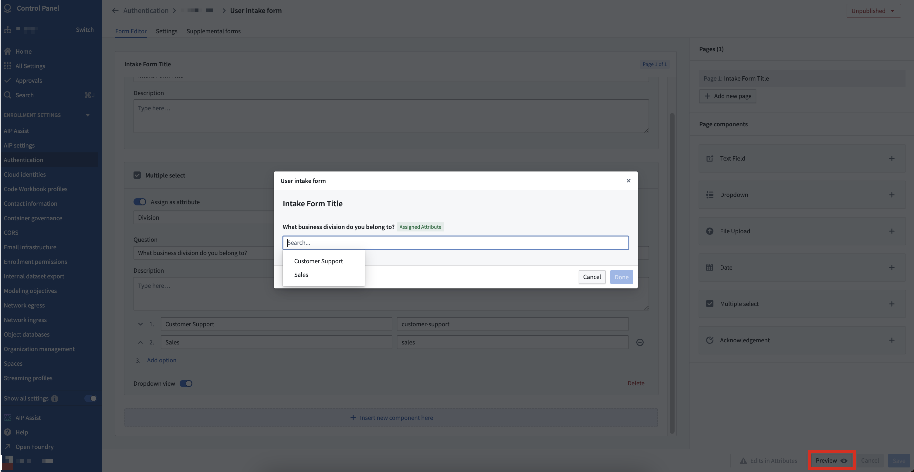 A preview of a configured intake form.