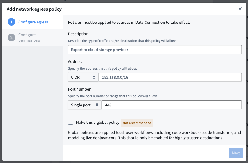 The dialog to create a new network egress policy in Control Panel