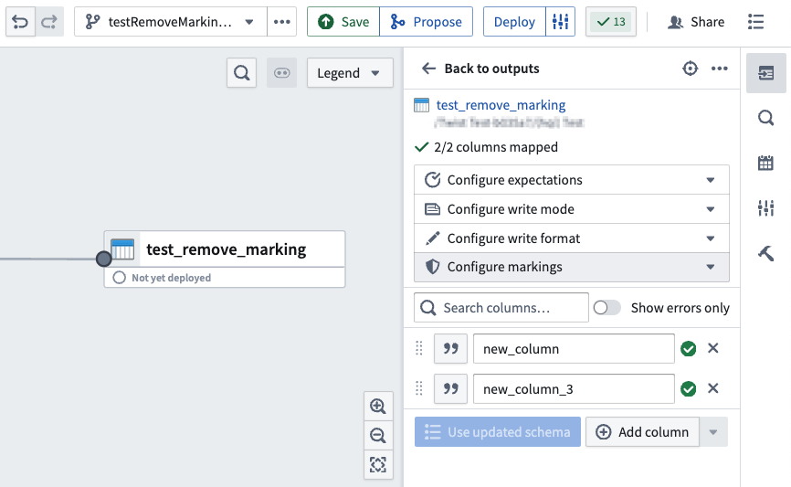 Configure markings dropdown on Pipeline Builder output.