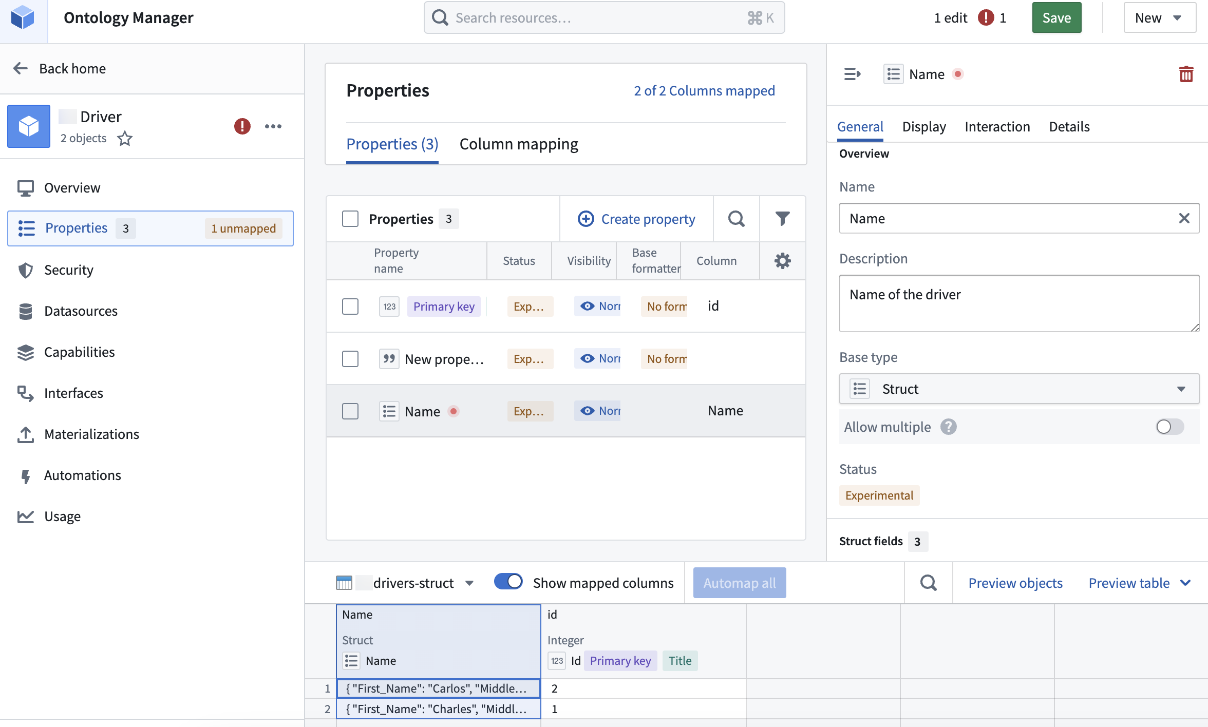 The object type Properties table and 'Property editor' panel.