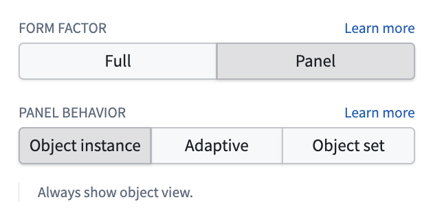 Object view panel behavior