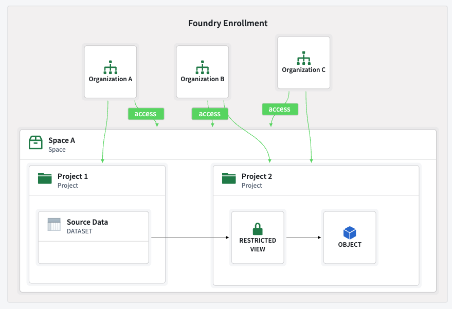 Organizations accessing shared project with restricted views.