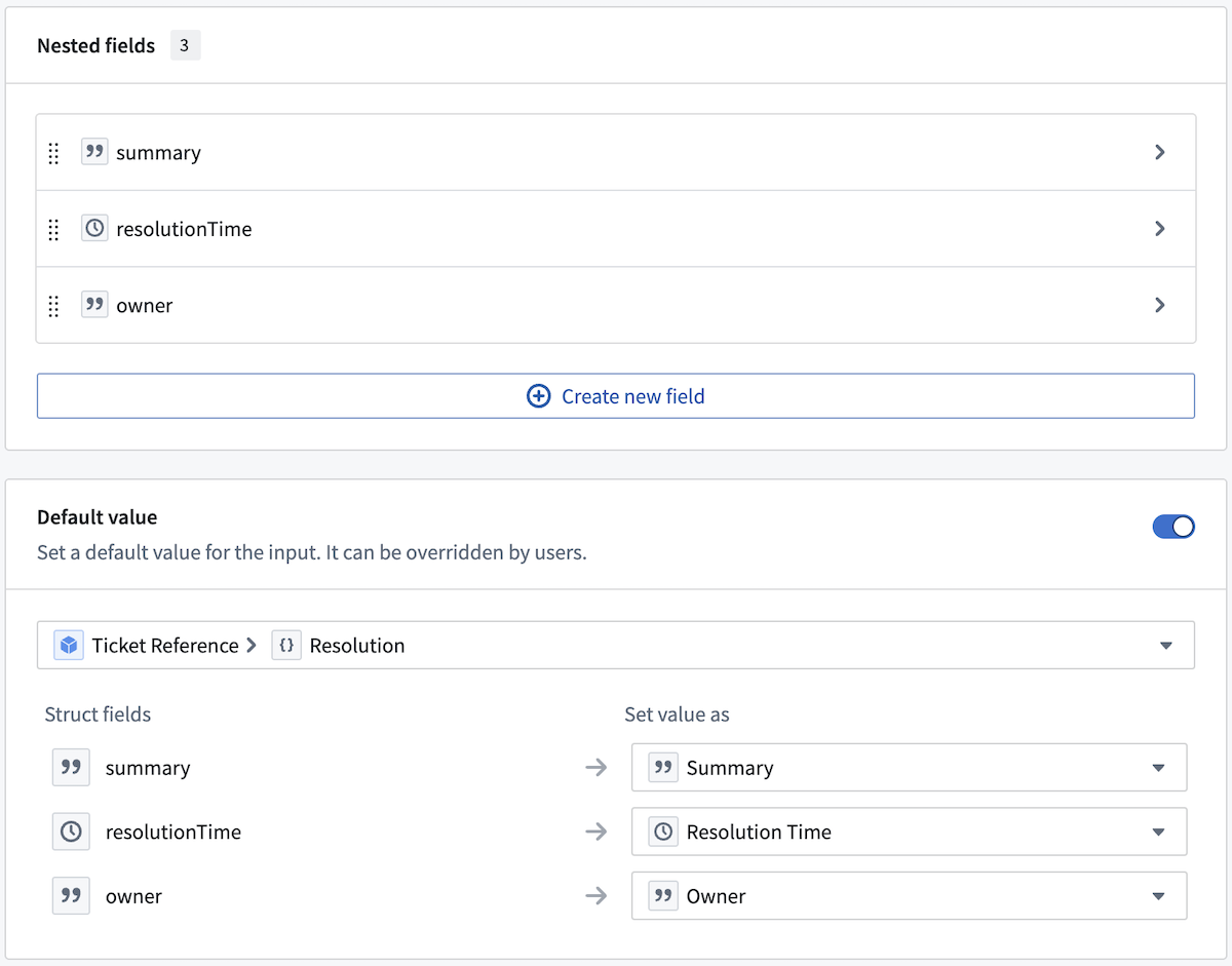 Define default values for struct parameter fields.